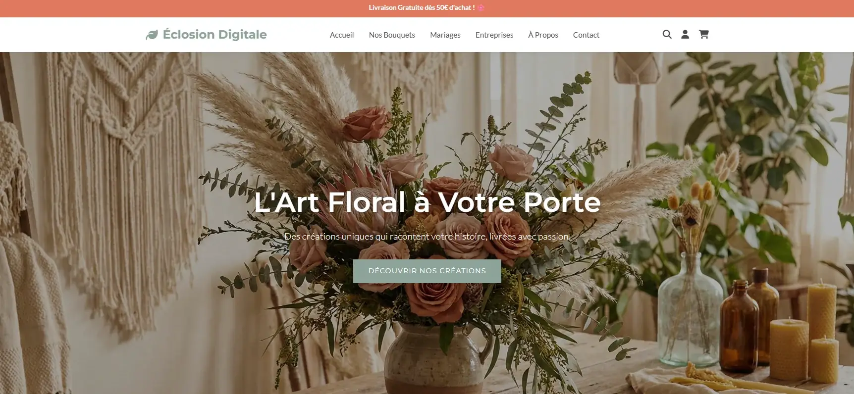 Éclosion — site vitrine fleuriste artisanal Bordeaux, esthétique douce, e-commerce bouquets intégré, par Lyrge