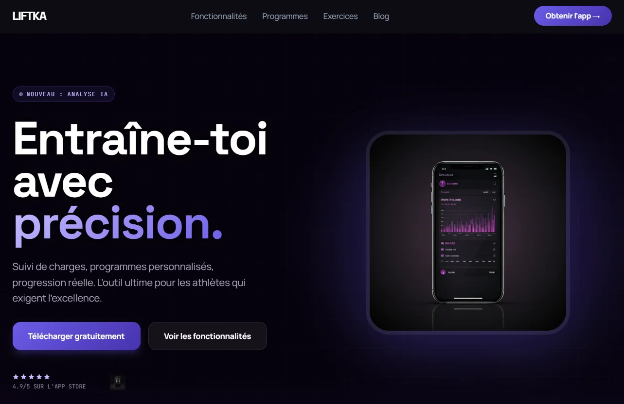 Aperçu de l'application Liftka — suivi d'entraînement fitness iOS Android